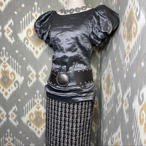 Ralph Lauren Gunmetal Pewter Metallic Pouf Sleeve Stretch Blouse